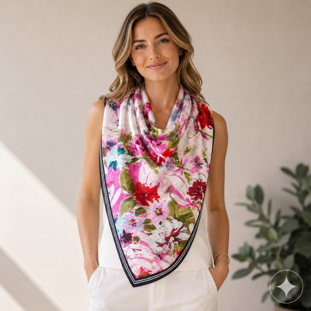Oscar de la Renta Scarf Womens OS Pink Floral Silk Excellent Luxury Designer